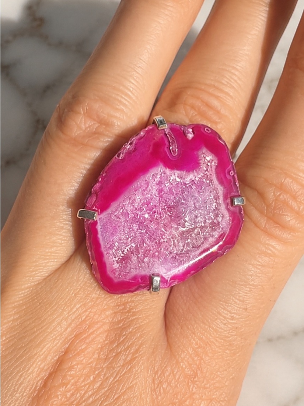 Pink Druzy Agate Slice Ring Size 8 Statement Boho Gemstone 925 Sterling Silver